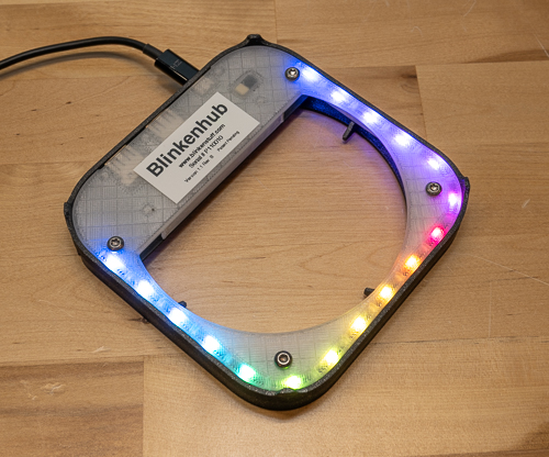 The underside of Blinkenhub, showing a translucent diffuser with a rainbow of LEDs around the front and sides